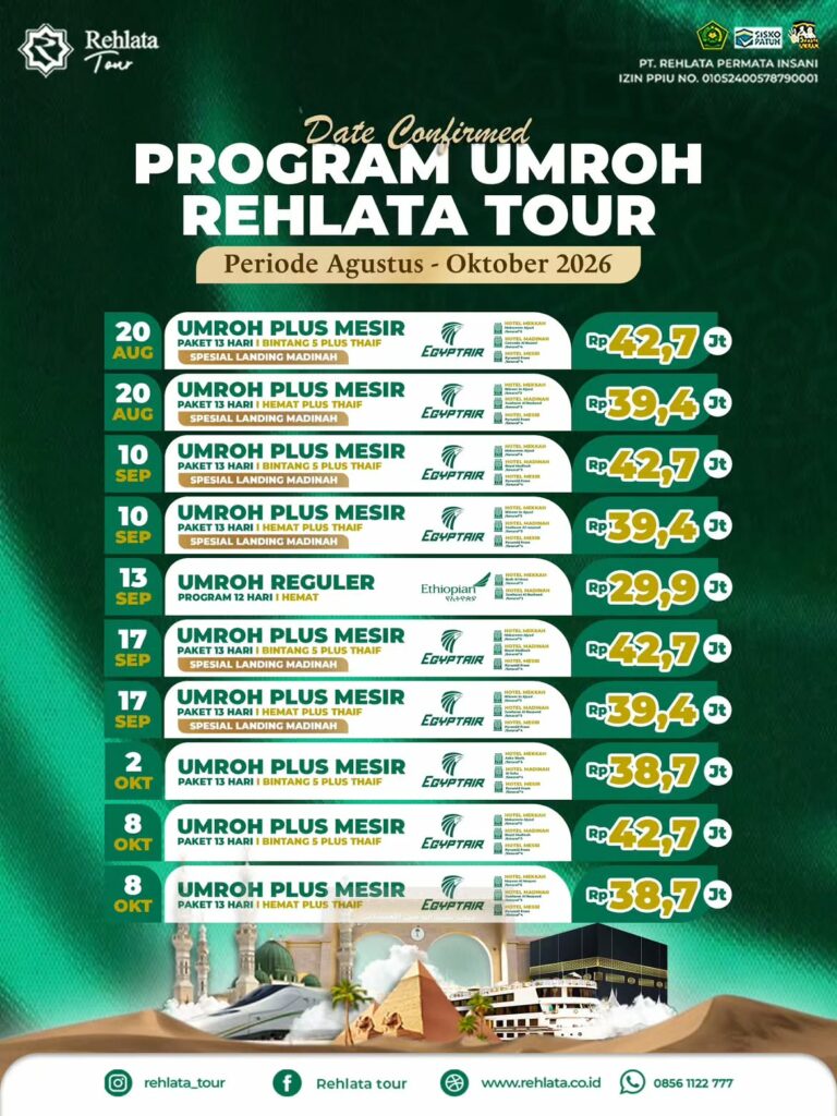 Program Umroh Plus Mesir Rehlata Tour Periode Agustus – Oktober 2026 Resmi Dibuka
